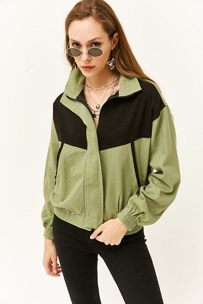 Olalook Women's Khaki Color Blocked Soft Textured Cotton Jacket with Pockets CKT-19000363