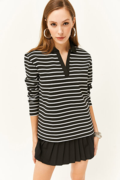 Olalook Women's Black Polo Neck Striped Sweatshirt SWT-19000629