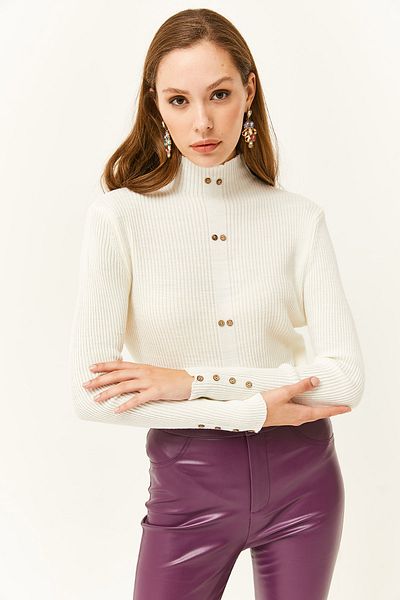 Olalook Ecrufarbener Lycra-Strickpullover mit Stehkragen und Knopfleiste für Damen KZK-19000659