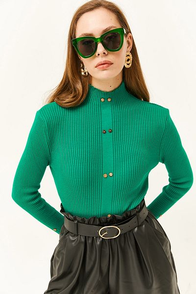 Olalook Women's Grass Green Stand Collar Button Garnished Lycra Knitwear Sweater KZK-19000659