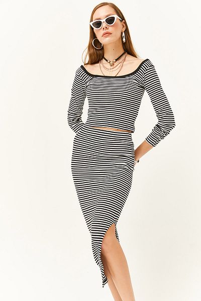 Olalook Women's Striped Black Open Collar Long Sleeve Blouse Slit Skirt Suit TKM-19000224