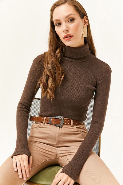 Olalook Női keserű kávé garbó ujjú részletes Lycra blúz BLZ-19001644