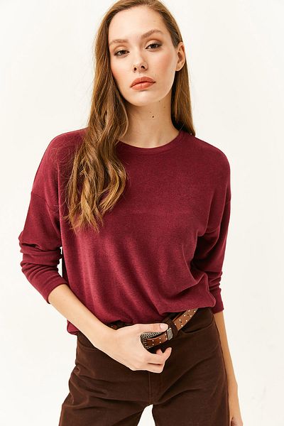 Olalook Women's Burgundy Crew Neck Bat Soft Textured Blouse BLZ-19002385