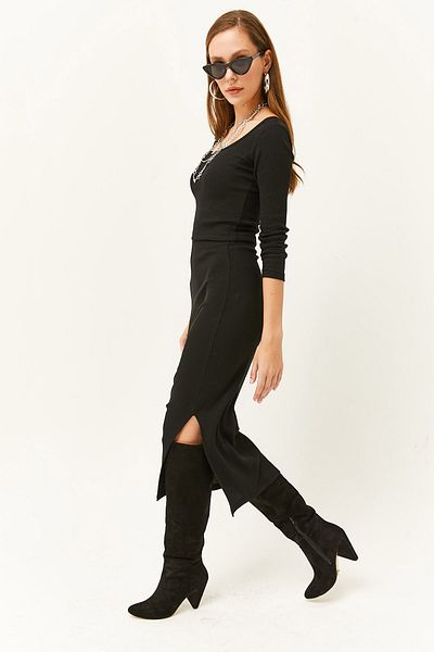 Olalook Women's Black Open Collar Long Sleeve Blouse Slit Skirt Suit TKM-19000224