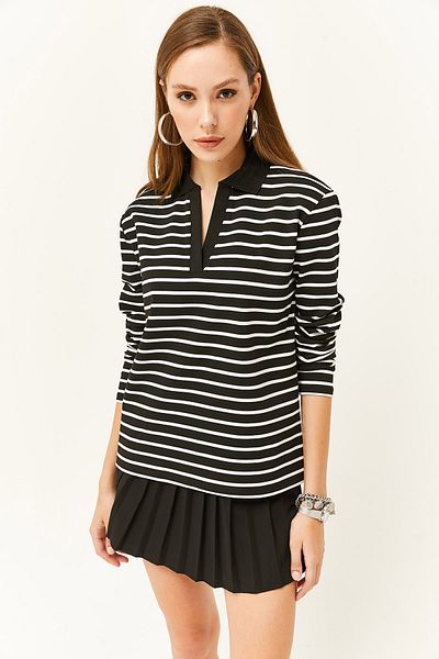 Olalook Women's Black Polo Neck Striped Sweatshirt SWT-19000629