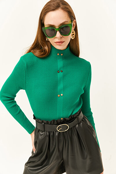 Olalook Kadın Çimen Yeşili Dik Yaka Düğme Garnili Likralı Triko Kazak KZK-19000659