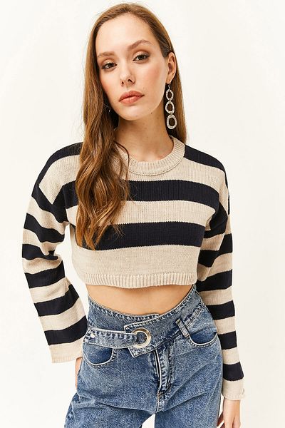 Olalook Kurzer Strickpullover mit spanischen Ärmeln und Streifen für Damen in Stein KZK-19000657