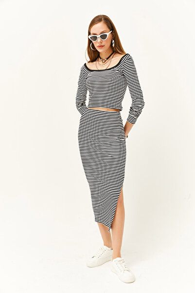 Olalook Damen Gestreifter schwarzer offener Kragen Langarm Bluse Schlitzrock Anzug TKM-19000224