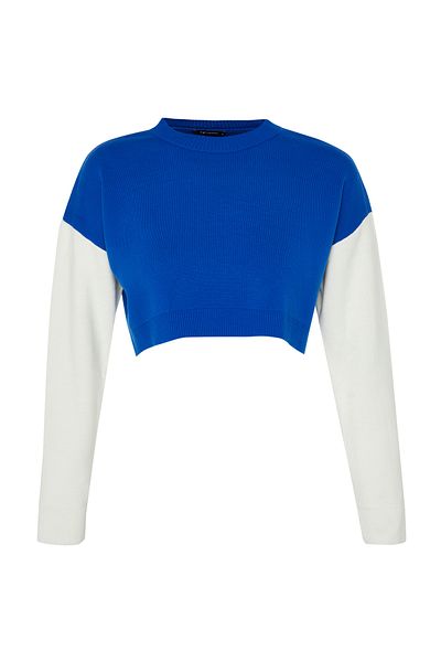 Trendyol Collection Sötétkék Crop Color Blocked kötöttáru pulóver TWOAW24KZ00229