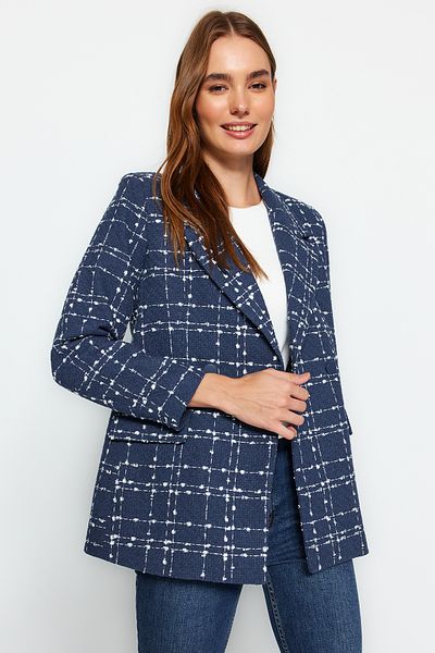 Trendyol Collection Marineblauer Tweed Blazer mit normaler Webart und Karomuster TWOAW21CE0105