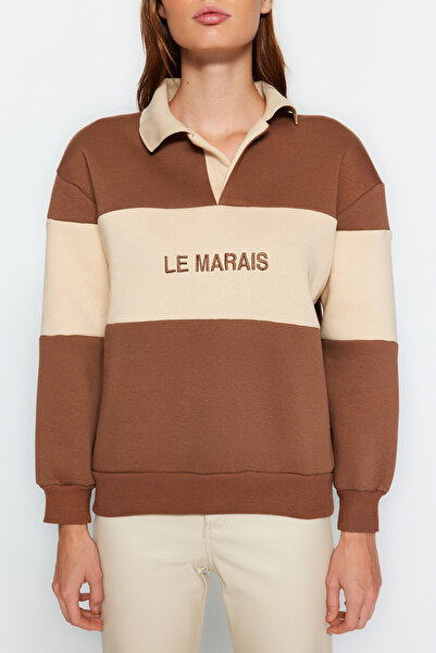 Trendyol Collection Brown Thick Fleece Inside Regular/Regular Fit Embroidered Polo Collar Knitted Sweatshirt TWOAW24SW00397