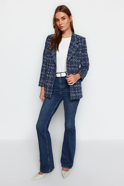Trendyol Collection Marineblauer Tweed Blazer mit normaler Webart und Karomuster TWOAW21CE0105