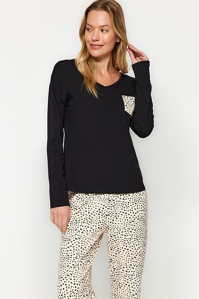 Trendyol Collection Sada pyžama s leopardím vzorem, 100% bavlna, černá-vícebarevná Thmaw24Pt00209