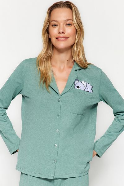Trendyol Collection Mint Cotton Sloth Printed Shirt-Pants Knitted Pajama Set THMAW24PT00008
