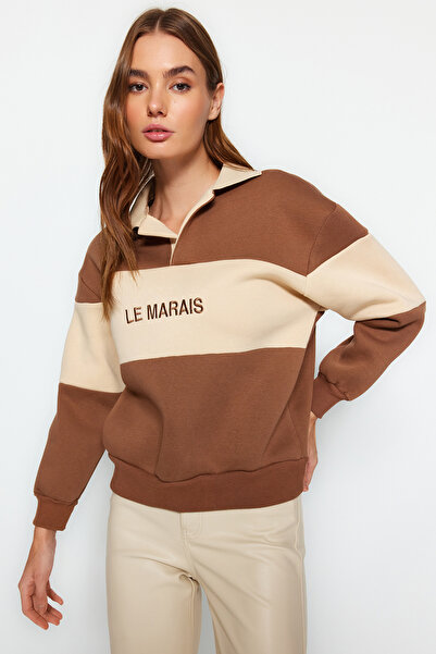 Trendyol Collection Brown Thick Fleece Inside Regular/Regular Fit Embroidered Polo Collar Knitted Sweatshirt TWOAW24SW00397