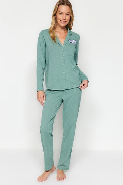 Trendyol Collection Mint Cotton Sloth Printed Shirt-Pants Knitted Pajama Set THMAW24PT00008