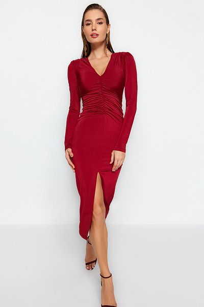 Trendyol Collection Burgundy Knitted Midi Evening Dress - Tpraw24El00079