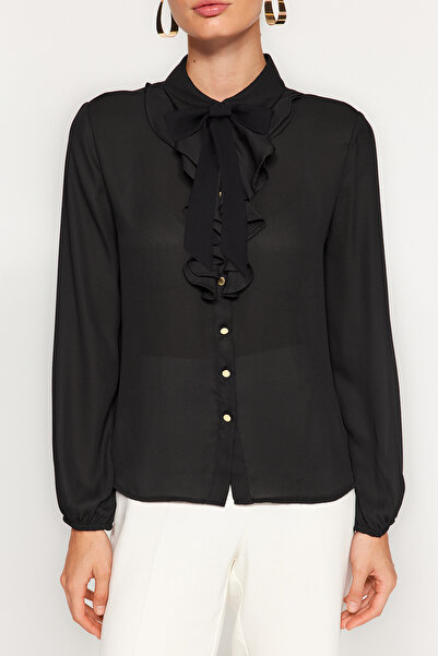 Trendyol Collection Černá tkaná košile – odnímatelná mašlička, Regular Fit TWOAW24GO00164