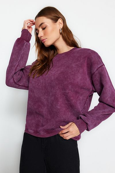 Trendyol Collection Lila Antik/Blass-Effekt Dicke Innenseite Fleece Übergröße/Weite Passform Strick-Sweatshirt TWOAW24SW00151