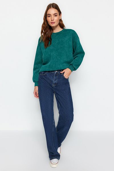 Trendyol Collection Smaragdově zelená mikina Antique/Blede Effect Silný vnitřní fleece Oversize/Wide Fit mikina TWOAW24SW00151