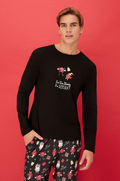 Trendyol Collection Μαύρο εμπριμέ 100% βαμβακερό σετ πιτζάμες κανονικής εφαρμογής - TMNAW23PT00025