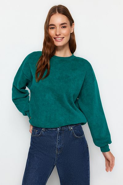 Trendyol Collection Smaragdově zelená mikina Antique/Blede Effect Silný vnitřní fleece Oversize/Wide Fit mikina TWOAW24SW00151