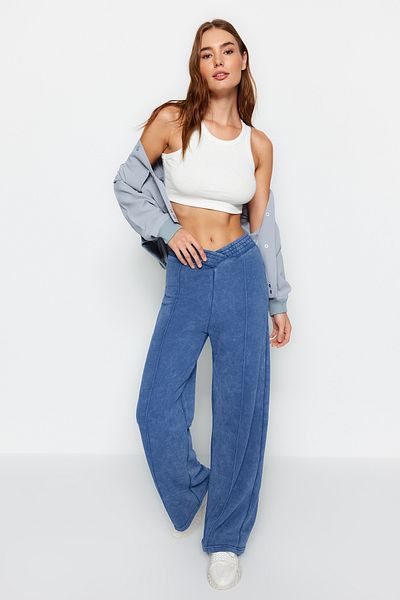 Trendyol Collection Indigó halvány hatású vastag, széles szárú/széles szárú derék részletek Kötött melegítőnadrág nadrág TWOAW24EA00036