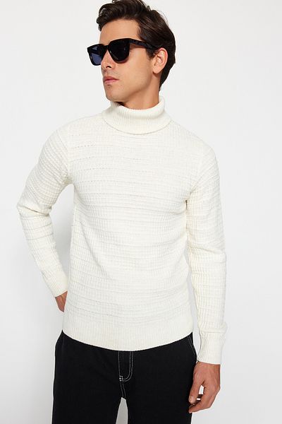Trendyol Collection Ecru Men's Slim Fit Textured Knitwear Sweater