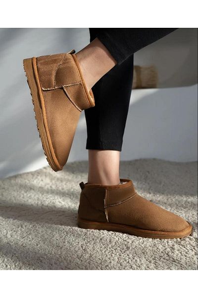 wemodaa Women's Tan Ultra Mini Suede Fur Lined Flat Sole Boots