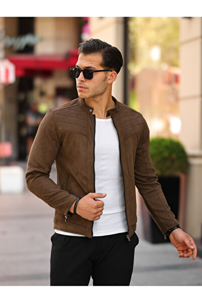 gm giyimarket Jachetă maro Slim Fit din piele întoarsă pentru bărbați