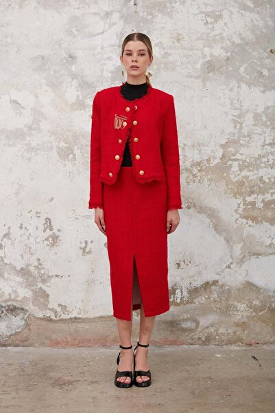 mavi pencere Ceket - Püskül, Etek - Yırtmaç Detaylı, Chanel Ceket - Etek Takım, Alt - Üst Takım