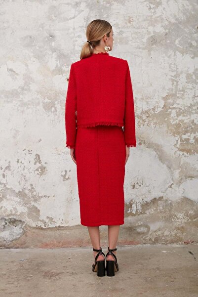 mavi pencere Ceket - Püskül, Etek - Yırtmaç Detaylı, Chanel Ceket - Etek Takım, Alt - Üst Takım