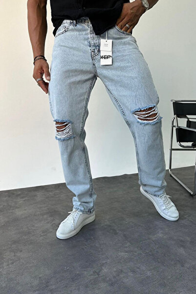 Genel Markalar Baggy Asit Yıkamalı Açık Mavi Taşlamalı Yırtık Detaylı Kot Pantolon