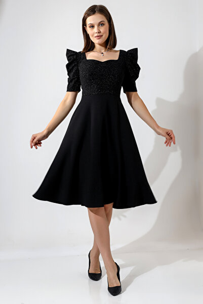 TREND Glittery High Shoulder Detailed Midi Dress