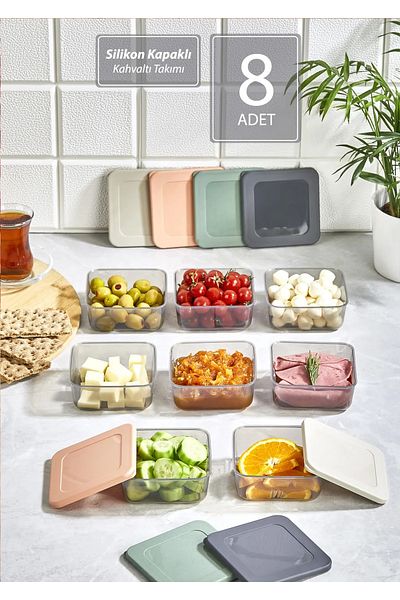 Bayev 8-Piece Square Breakfast Set with Leak-Proof Silicone Lid Food Picnic Storage Container for Breakfast