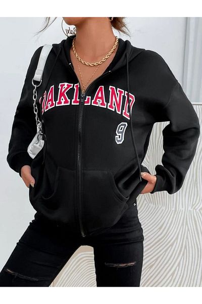 AFROGİYİM Unisex Oakland 9 Printed Oversize Hooded Zipper Cardigan
