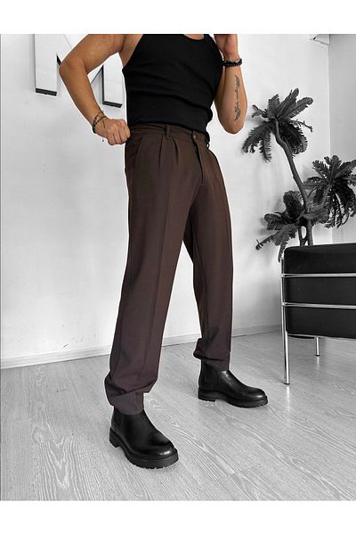 THEMANN Baggy Pleated Brown Pipe Leg Trousers