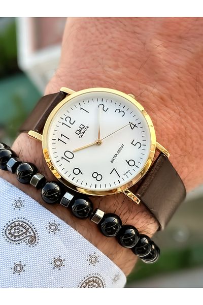 Q&Q Brand Retro Brown 24 months Warranty, Waterproof, Leather Strap with Numbers Men's Wristwatch+Bracelet