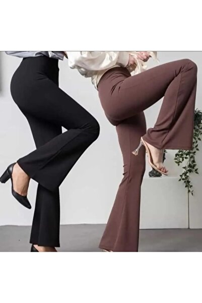 Alegante Kadın İspanyol Paça İnce Fitilli Toplayıcı Tayt Siyah Yüksek Bel