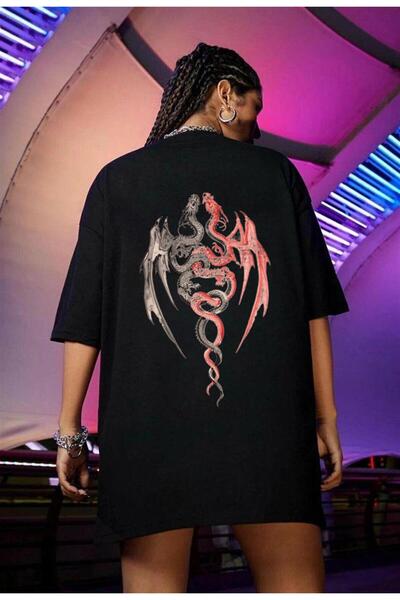 Toum Μπλουζάκι Twin Dragon Sırt Baskılı Unisex Oversize