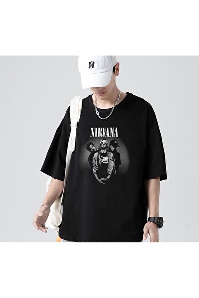 Toum Tricou negru unisex supradimensionat din seria Hakatumoda Rock Nirvana A...