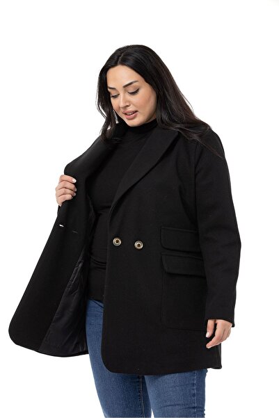 DISENTIS MODEST Large Size Pocket Detailed Lined Short Black Coat