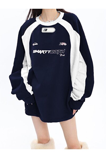 Touz Y2K Streetwear Smarttooth Printed Navy Blue Unisex Oversize Crew Neck Sweatshirt