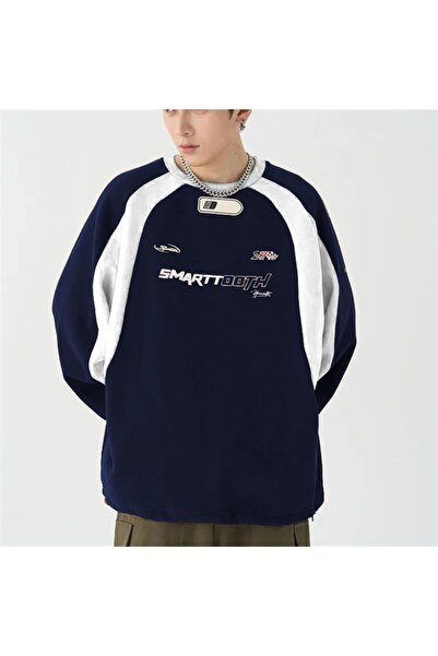 Touz Blunt Blunt Y2K Streetwear Smarttooth Printed Navy Blue Unisex Oversize Crew Neck Sweatshirt