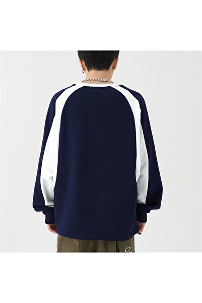 Touz Blunt Blunt Y2K Streetwear Smarttooth Printed Navy Blue Unisex Oversize Crew Neck Sweatshirt