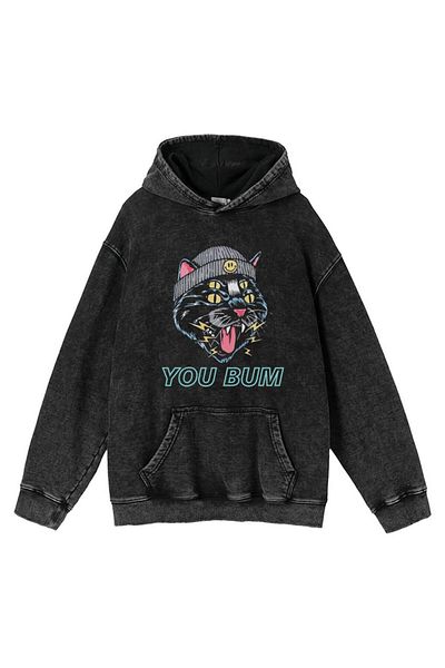 Touz You Bum Cat Printed Washed Vintage Unisex Oversize Hooded Sweatshirt