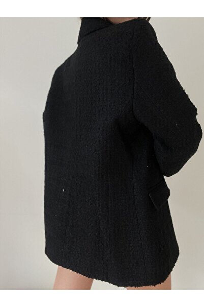 Erşan Giyim Ново сезонно черно двуредно сако от туид със златни копчета