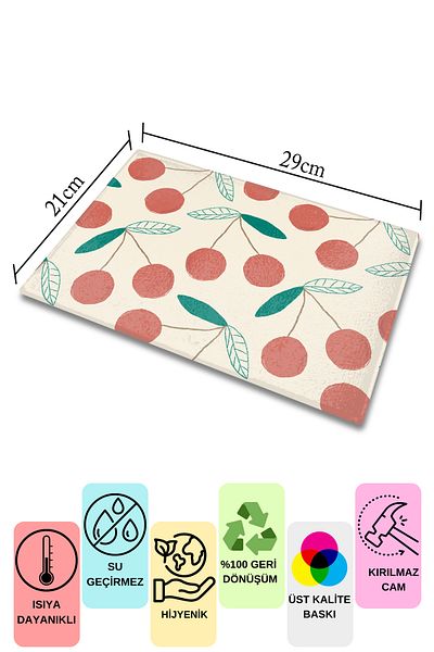 Postifull Cutting Board, Thick And Unbreakable Glass Print - Cherry Theme - 21*30cm - Chopping Board, Kitchen Decor