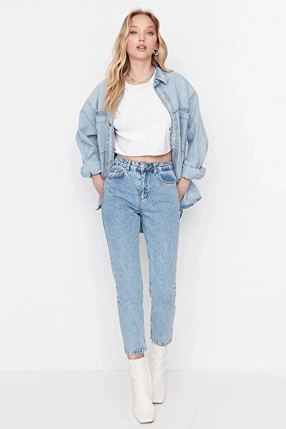LİMABEL Larina Ice Blue Snow Wash Mom Jeans Lycra High Waist Denim Trousers Extra Comfortable