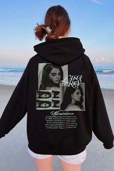 Gofeel Y2k Oversize Μαύρη κουκούλα με στάμπα Lana Del Rey Silhouette Φούτερ Gofeel